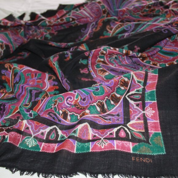 FENDI Luxurious Rare VTG Logo Wool Shawl India Pattern Scarf Large Square 53in - Picture 1 of 11